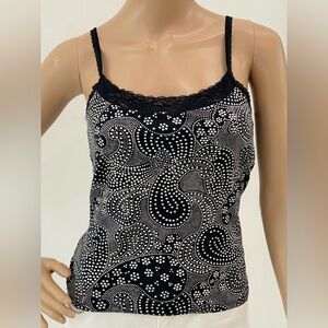Cute Black and White Patterned Cami with Lace Embellishments, Size S